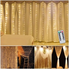 DOSYU 带挂钩的LED窗帘灯,3Mx3M 300LEDS 带遥控器8 种模式，IP65防水，卧室，庭院，派对，圣诞节